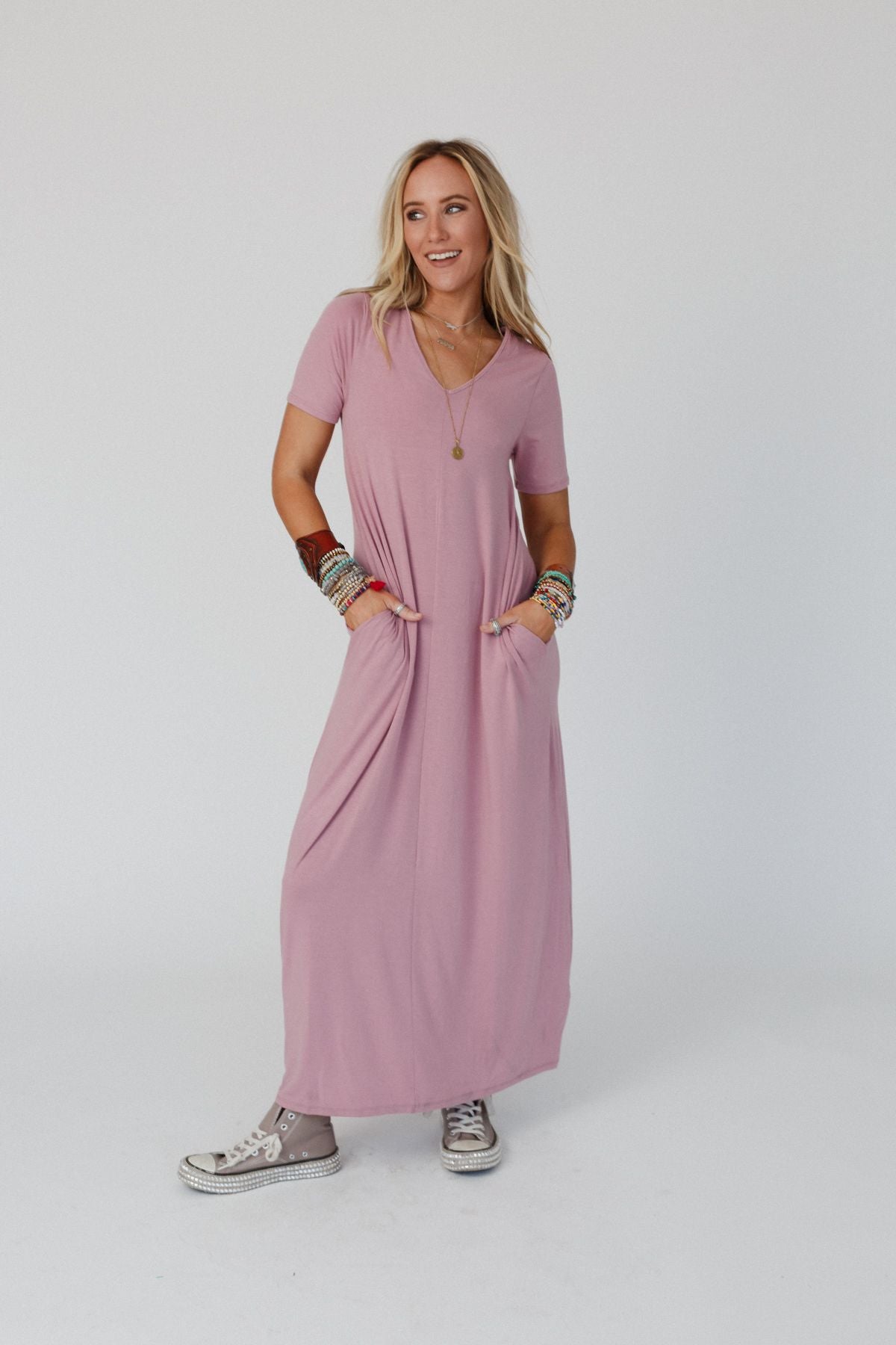 V Neck Pocket Tee Maxi Dress - Light Rose