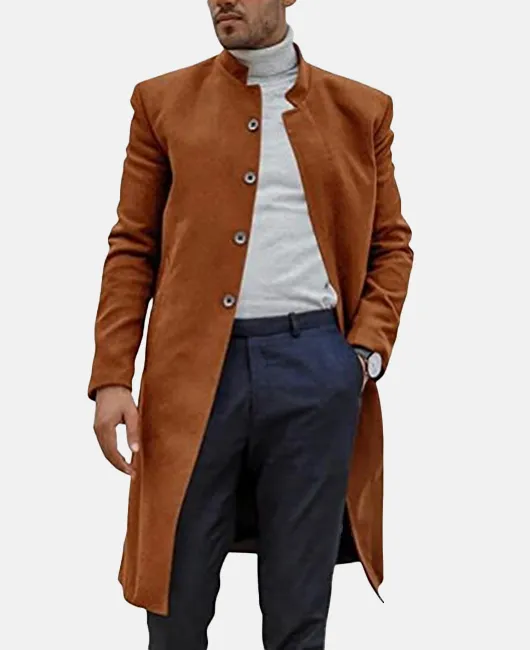 Daily Stand Collar Single Breasted Plain Long Wool Coat