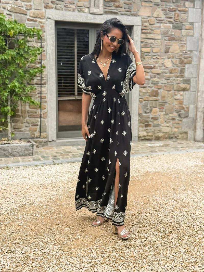 KATALYNA PATTERNED LONG DRESS - BLACK