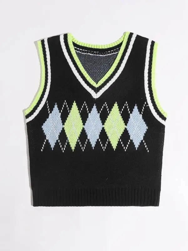 Argyle & Striped Pattern Knit Top