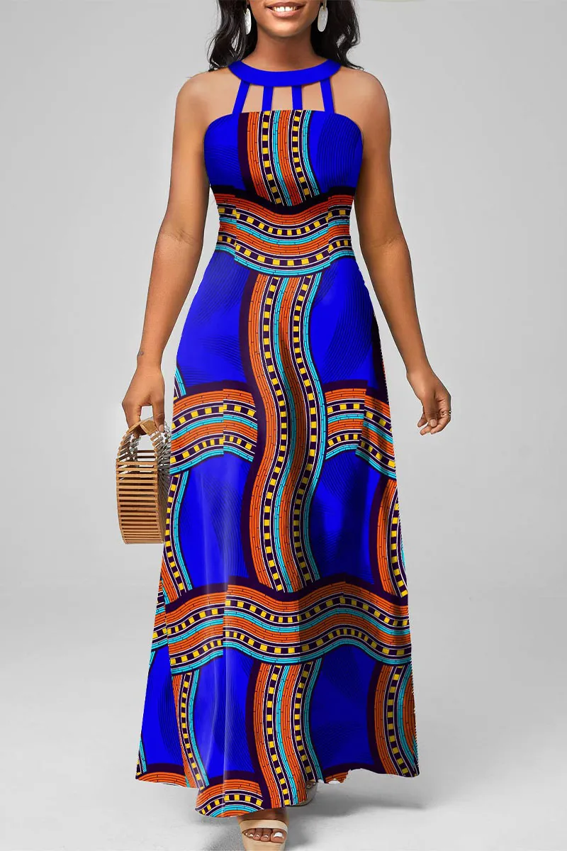 Blue Casual Elegant Geometric Printing O Neck Vest Dress Dresses