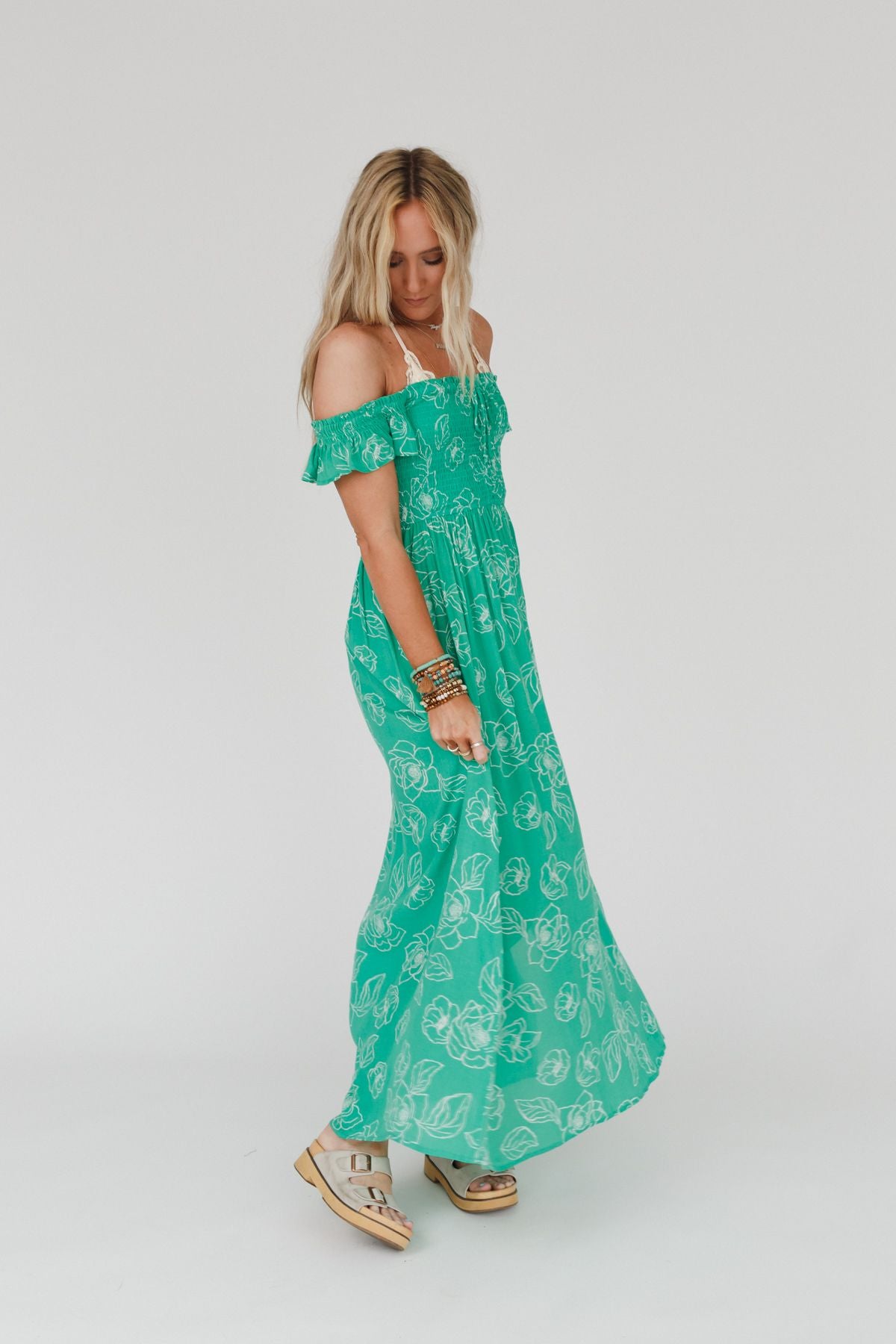 Blooming Love Off The Shoulder Maxi Dress - Green