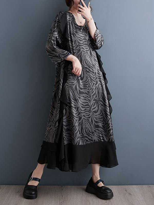 A-Line Batwing Sleeves Ruffled Split-Joint Zebra-Stripe V-Neck Midi Dresses