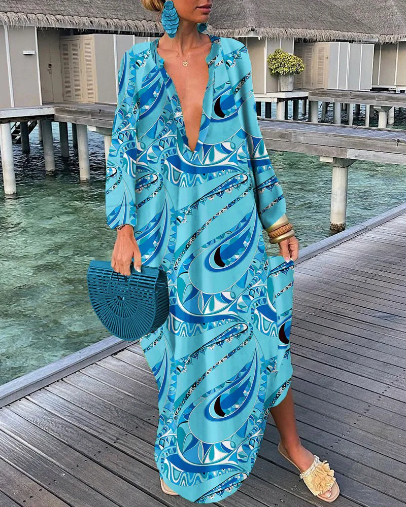 Women Printed V-Neck Long Sleeve Long Dress