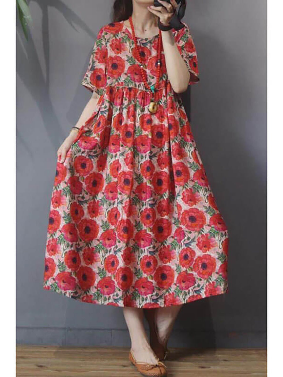 Plus Size - Women Floral Vintage Casual Short Sleeve Dress