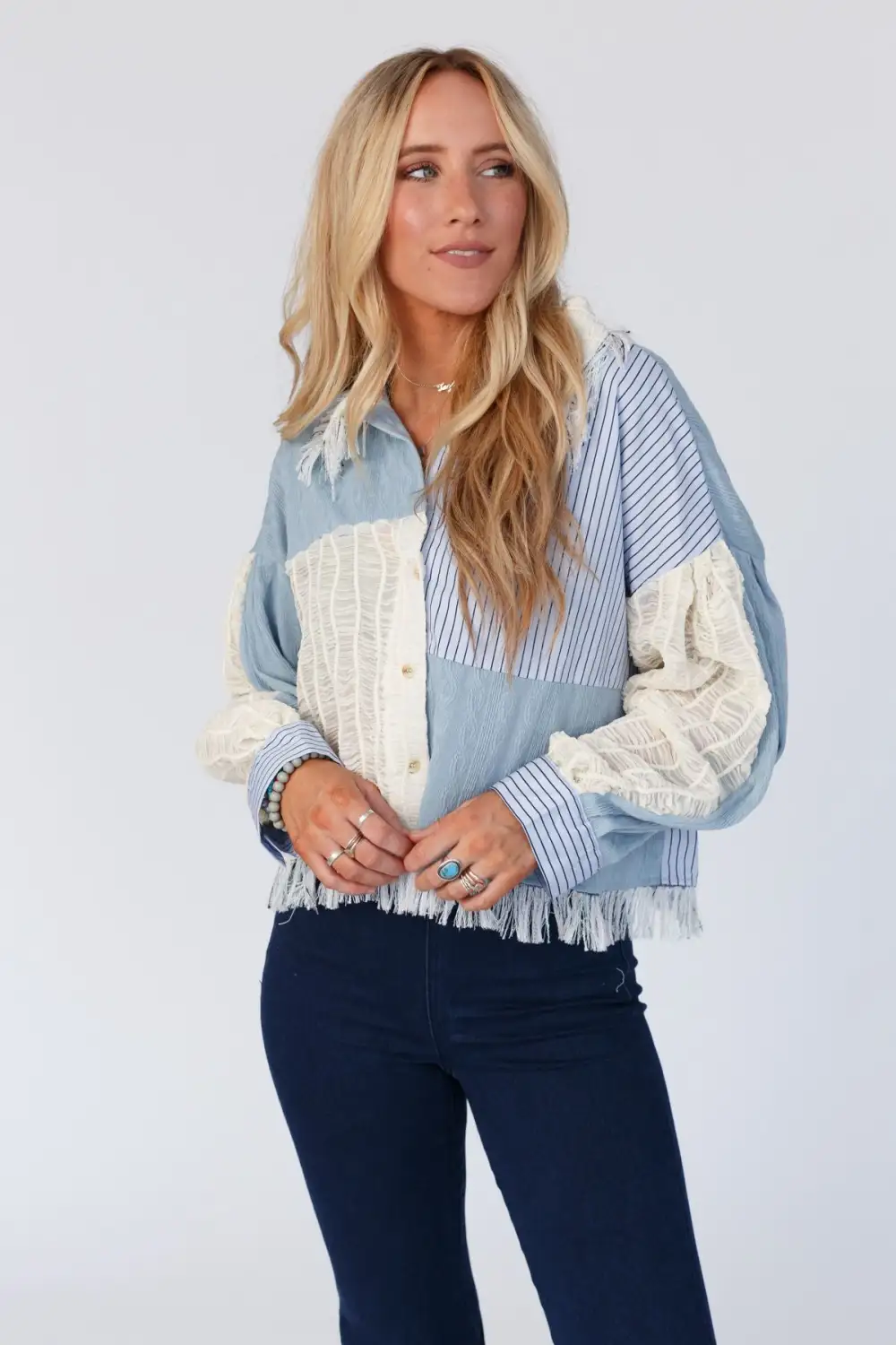 Juni Fringe Button Up Top - Blue Multi