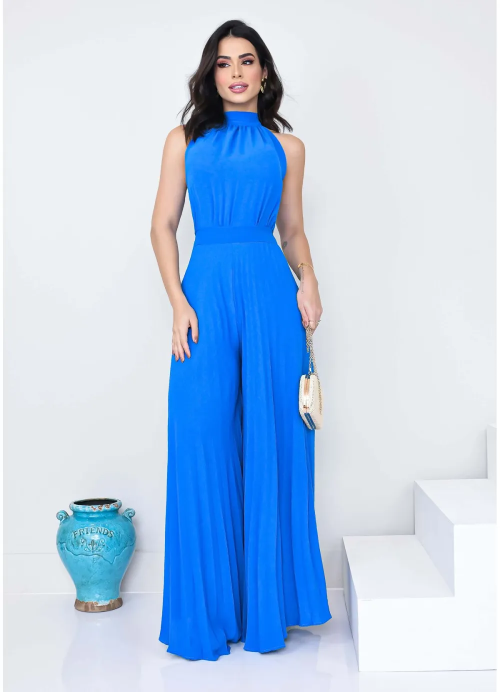 PLEATED WIDE LEG JUMPSUIT WITH TIE BACK