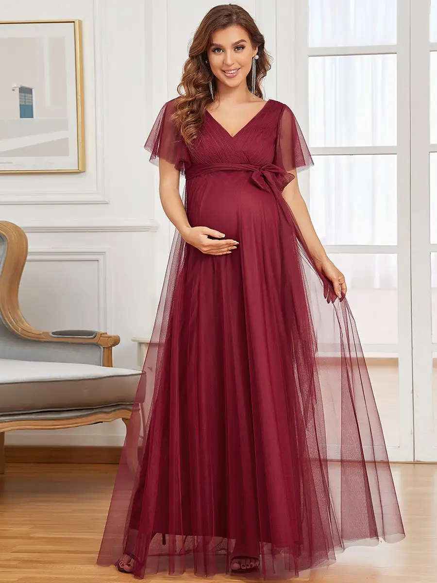 Short Ruffles Sleeves V Neck A Line Wholesale Maternity Dresses