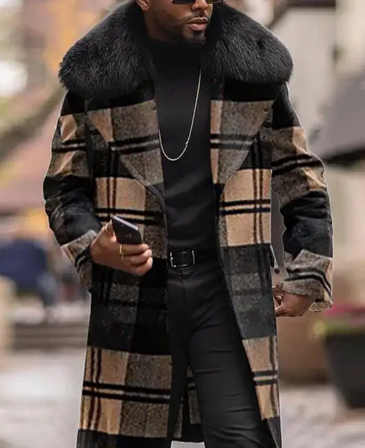 Plaid Fuzzy Lapel Collar Overcoat