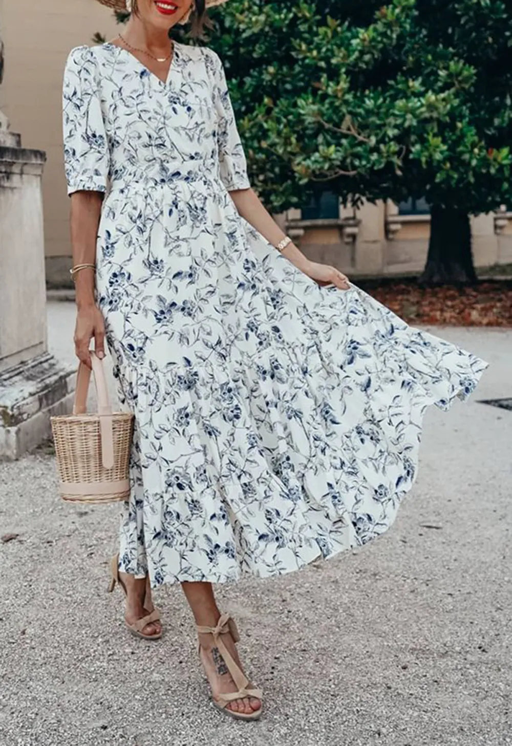 NAVY FLORAL FRILLING WRAPPED DRESS