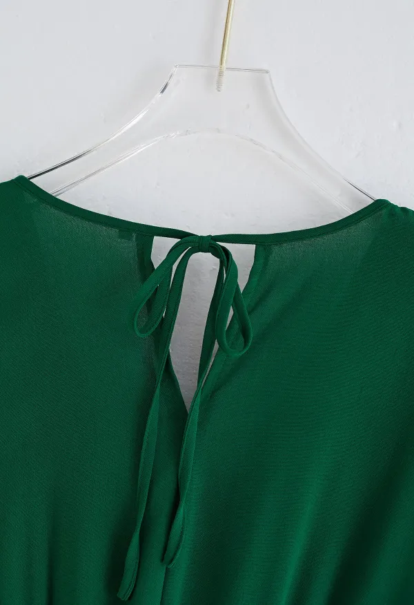 SASH ADORNED PLEATED WRAP SLEEVELESS DRESS IN GREEN