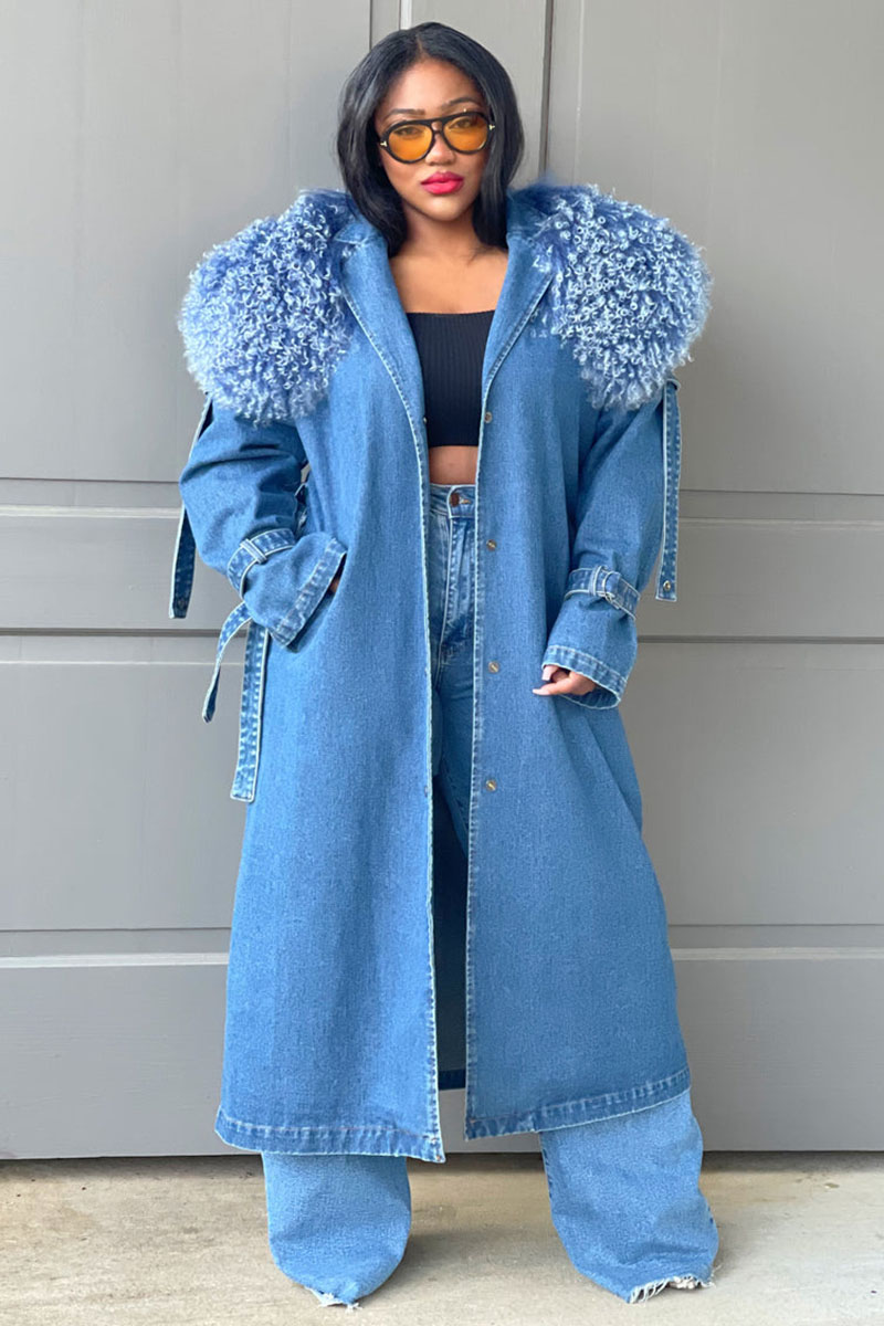 Fluffy Collar Button Tie Waist Denim Trench Coat [Pre Order]