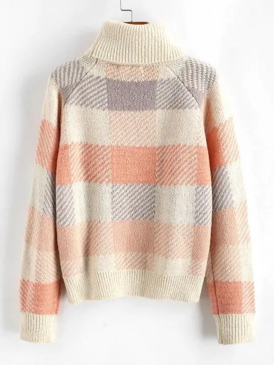 Turtleneck Raglan Sleeve Plaid Sweater