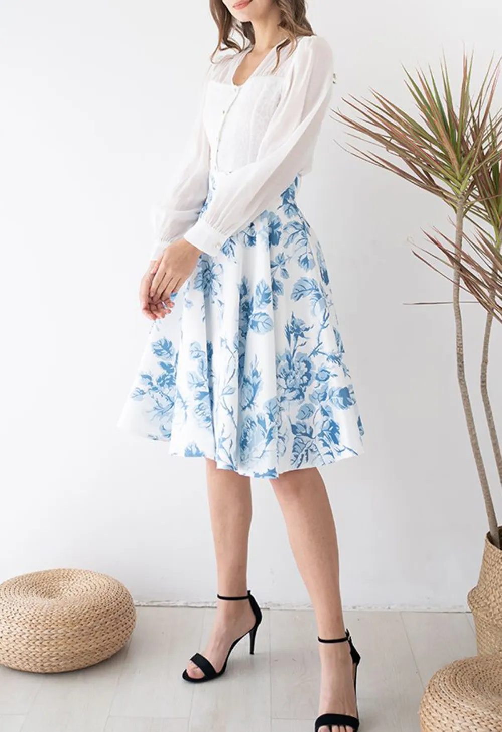 BLUE WATERCOLOR PEONY FLARE MIDI SKIRT