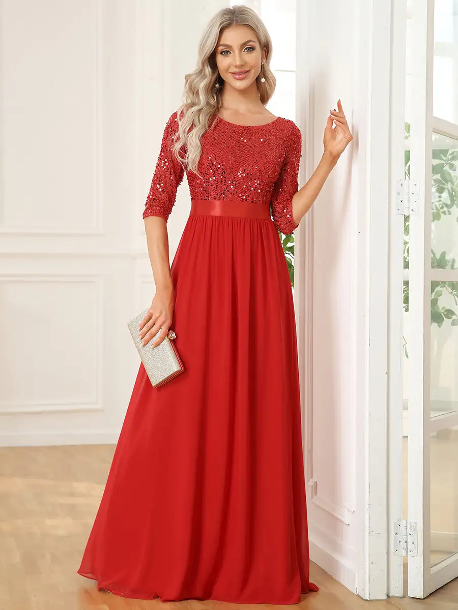 Elegant Round Neckline 3/4 Sleeve Sequins Patchwork Wholesale Evening Dress