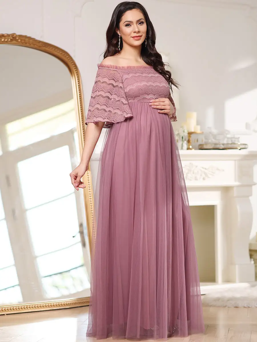 Off Shoulder Wholesale Maternity Bridesmaid Dresses With Lace Sleeves