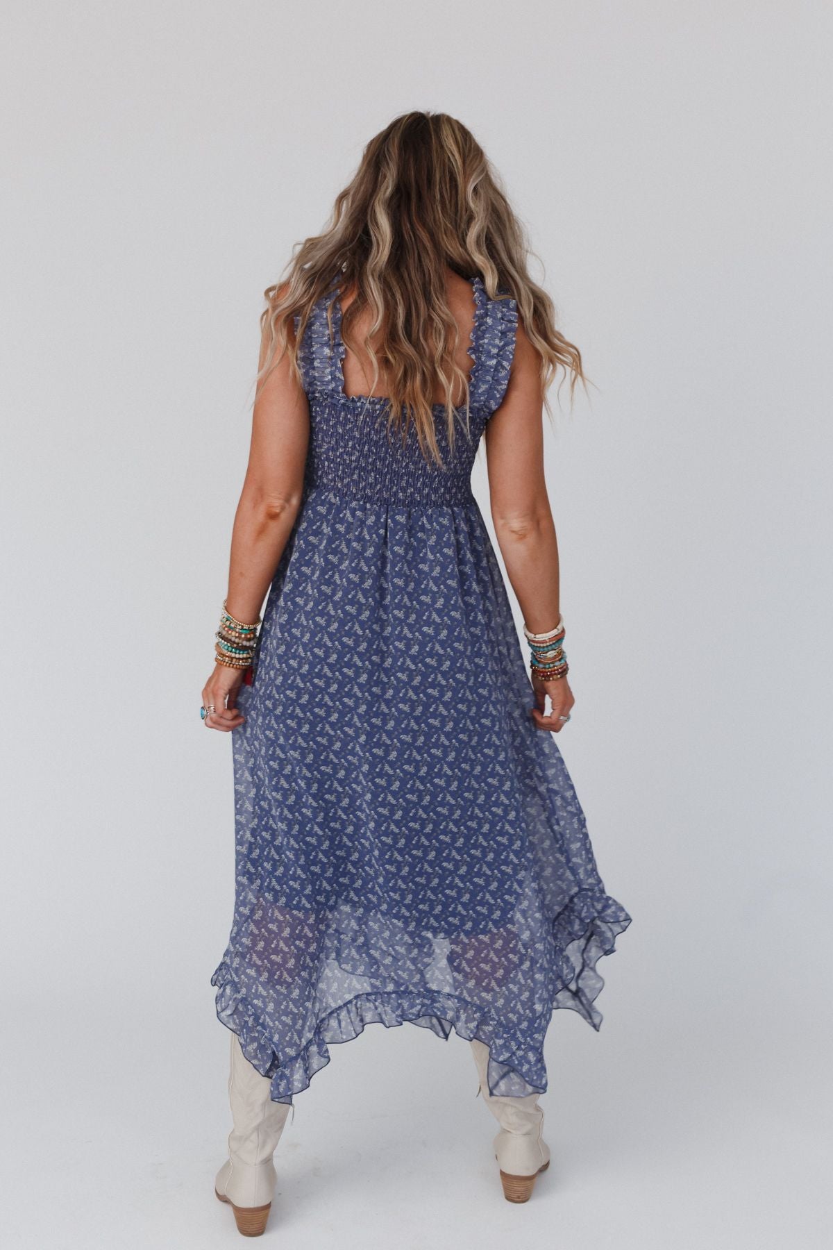 Smitten Smocked Ruffle Maxi Dress - Navy