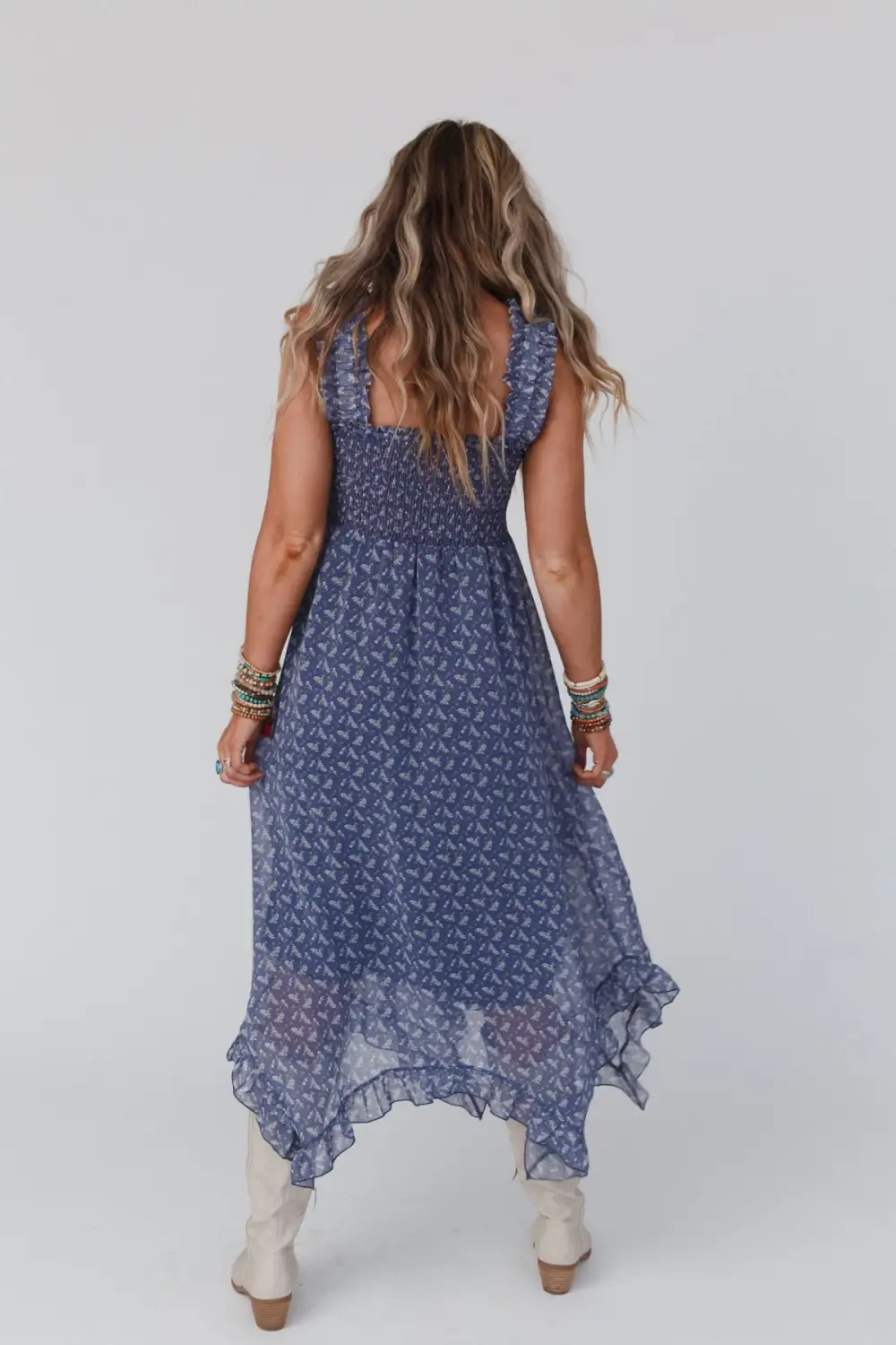 Smitten Smocked Ruffle Maxi Dress - Navy