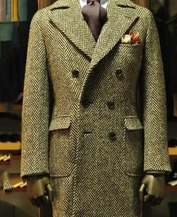 Retro Notch Lapel Herringbone Pattern Flap Pockets Coat