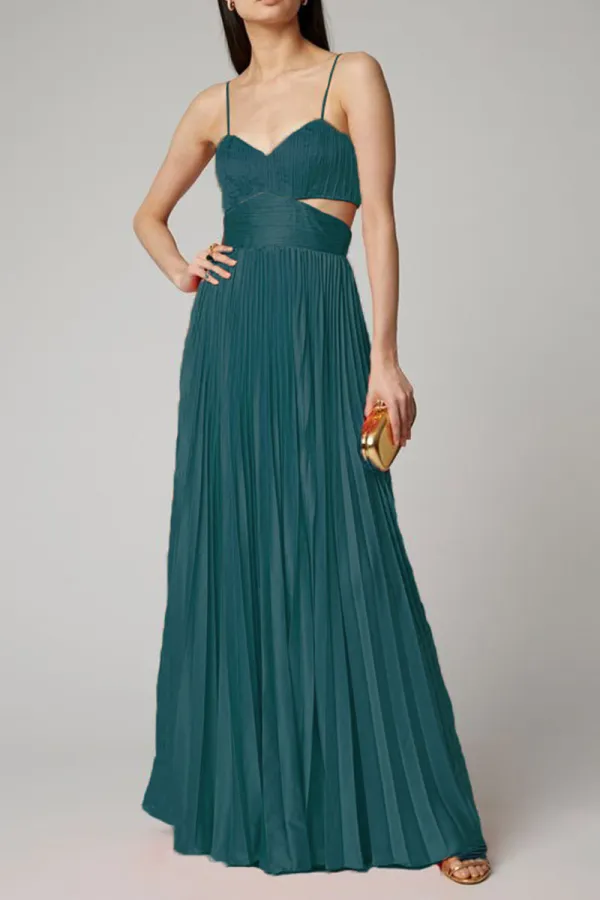 Green Celebrities Elegant Solid Split Joint Fold Spaghetti Strap Straight Dresses