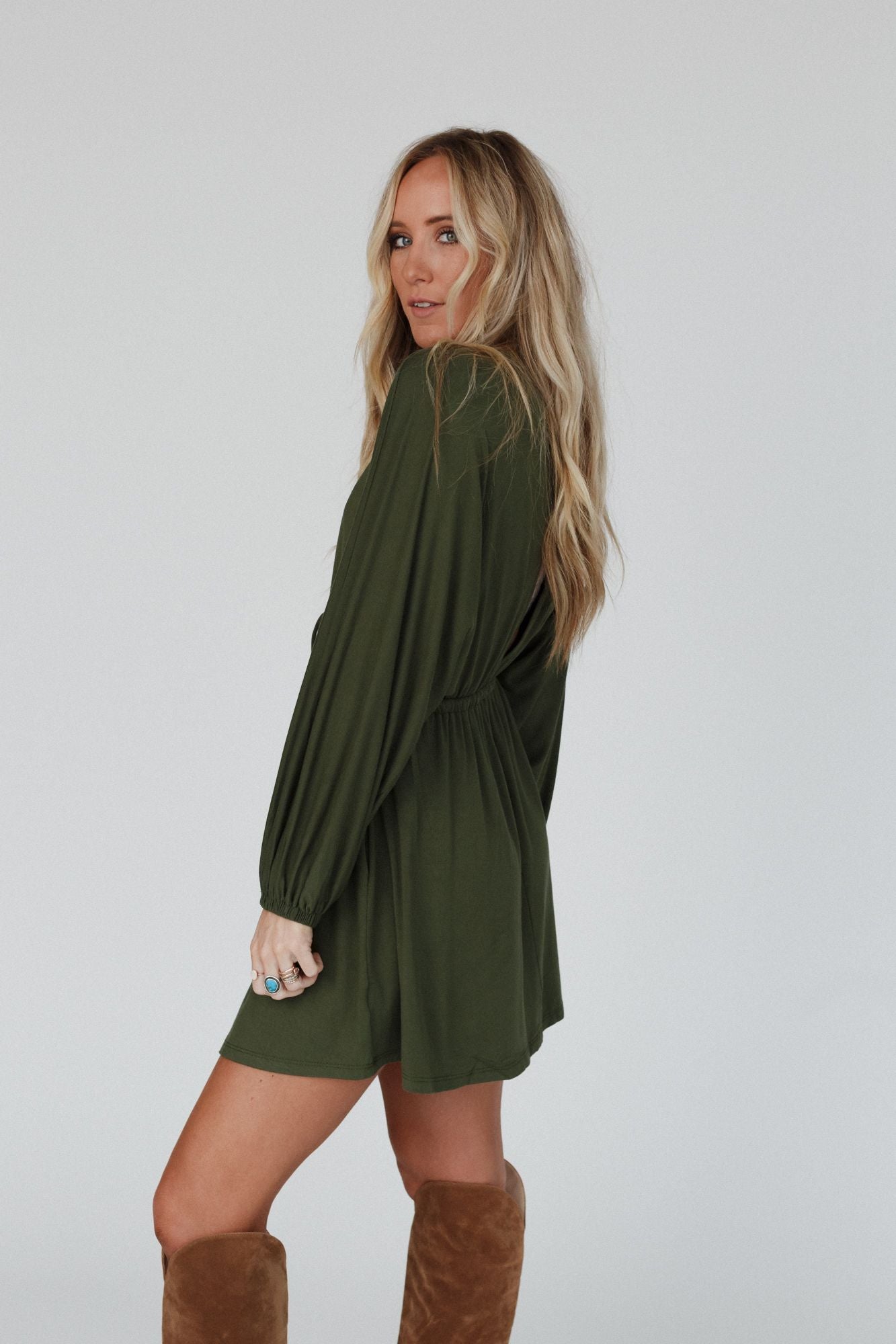 Sweet Vacay Long Sleeve Dress - Super Olive