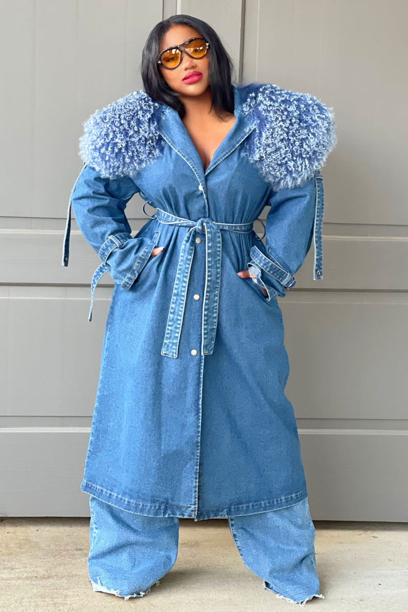 Fluffy Collar Button Tie Waist Denim Trench Coat [Pre Order]