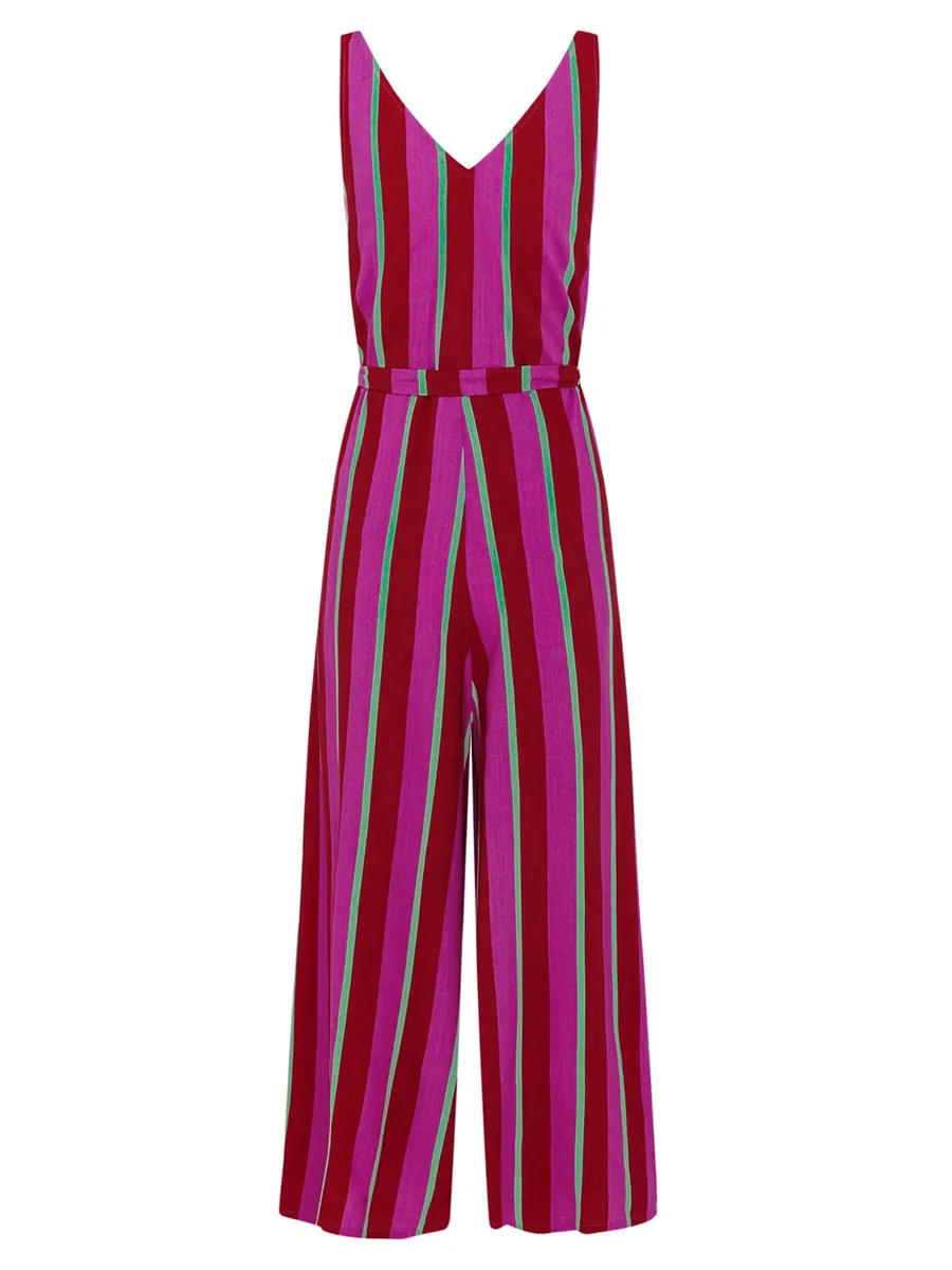 Women's V-neck striped printed holiday jumpsuit