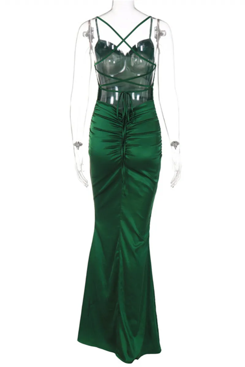 Green Fashion Sexy Solid Backless Cross Straps Spaghetti Strap Evening Dress