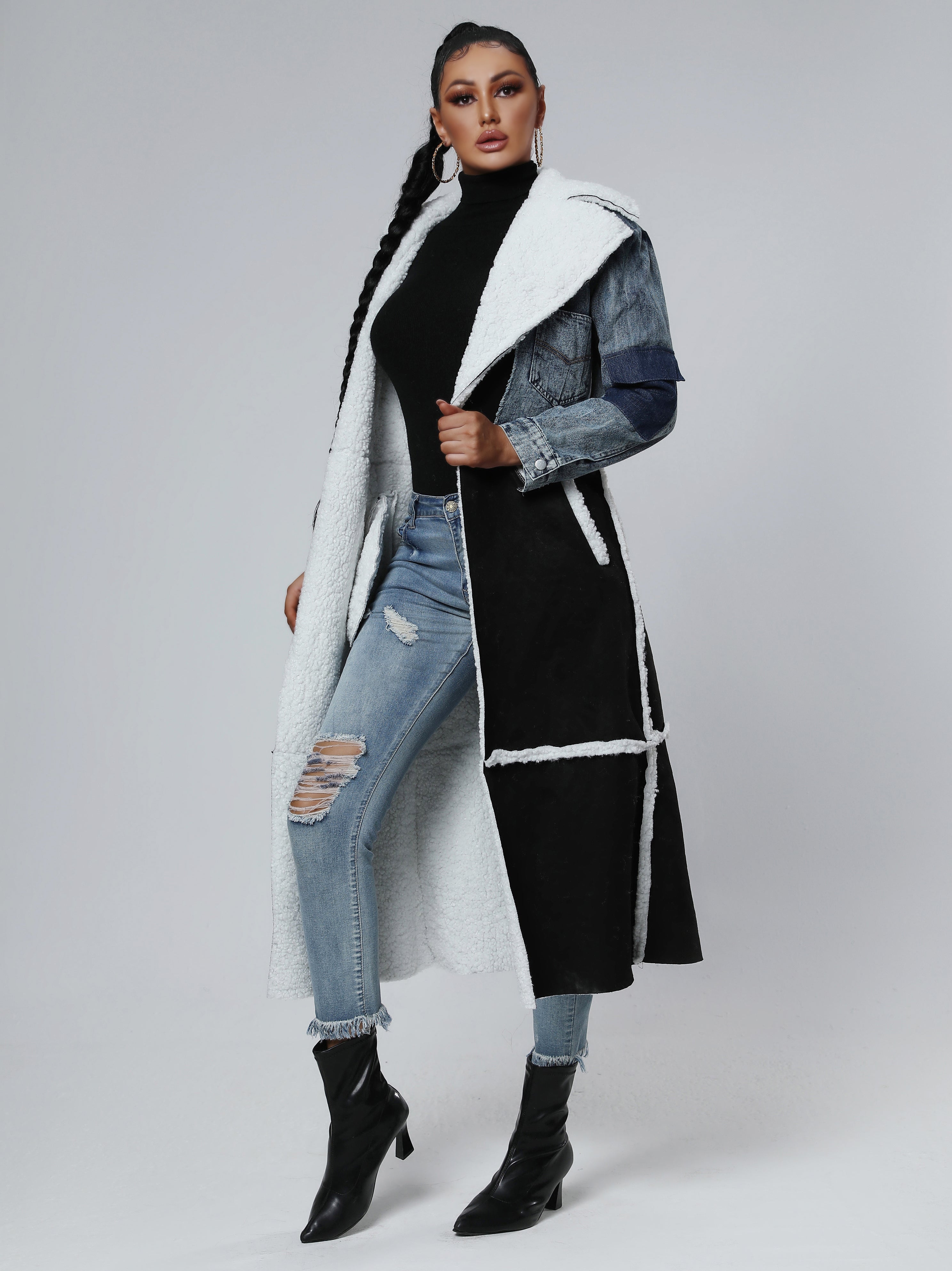 Winter Stitching Fur & Denim Coat Long Outerwear