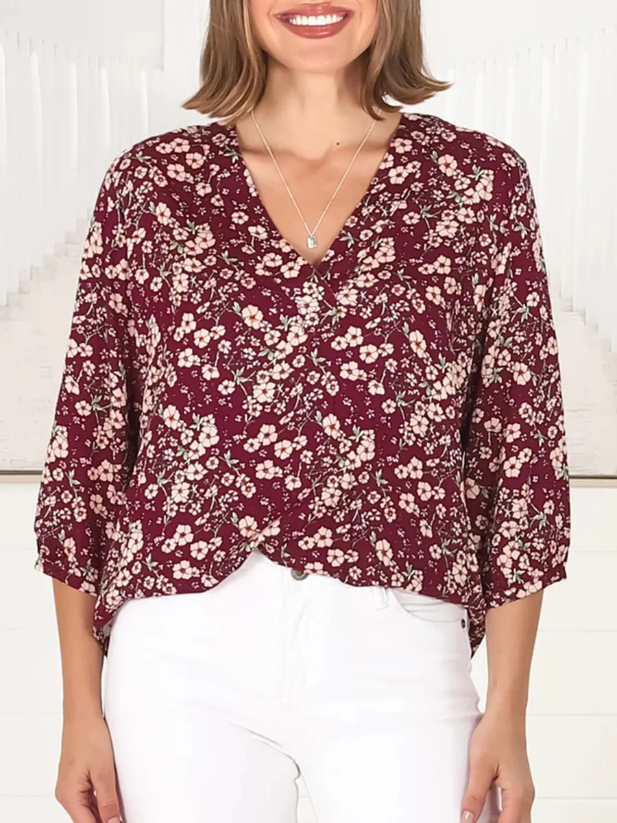 Burgundy short sleeve Bohemian floral shirt