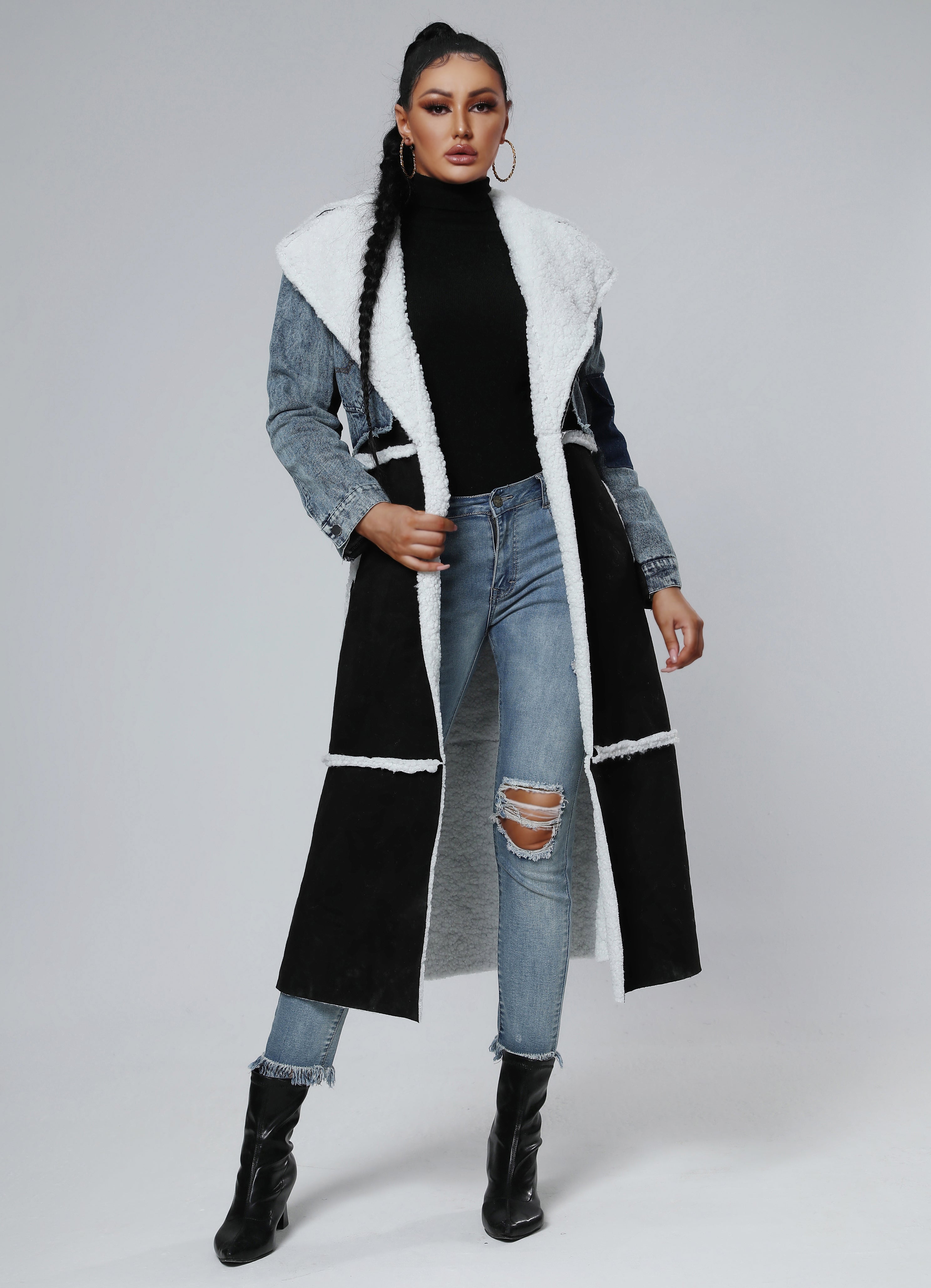 Winter Stitching Fur & Denim Coat Long Outerwear