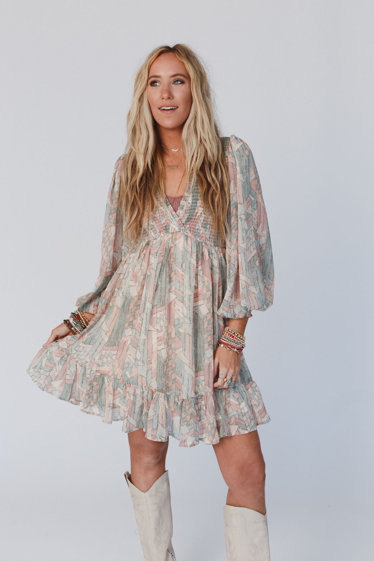 Colors Of The Wind Balloon Sleeve Mini Dress - Multi