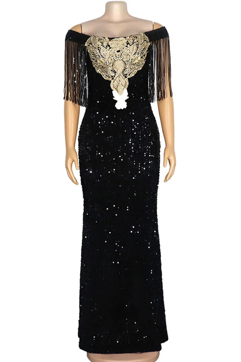 Black Elegant Solid Tassel Sequins Split Joint Appliques Off the Shoulder Straight Dresses