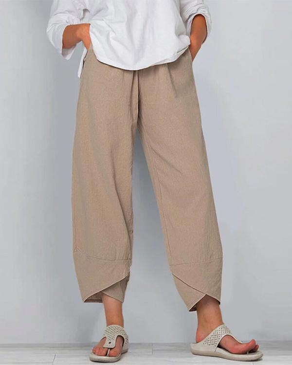 Solid Color Elastic Waist Casual Pants For Women