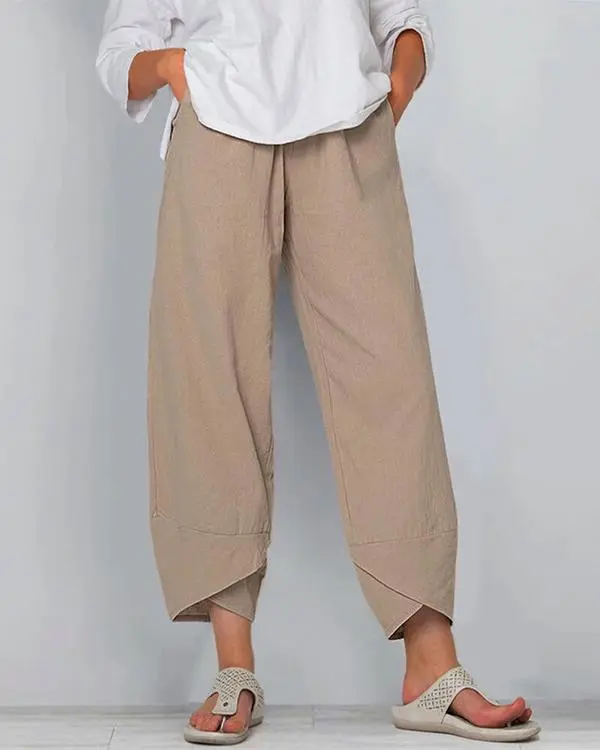 Solid Color Elastic Waist Casual Pants For Women