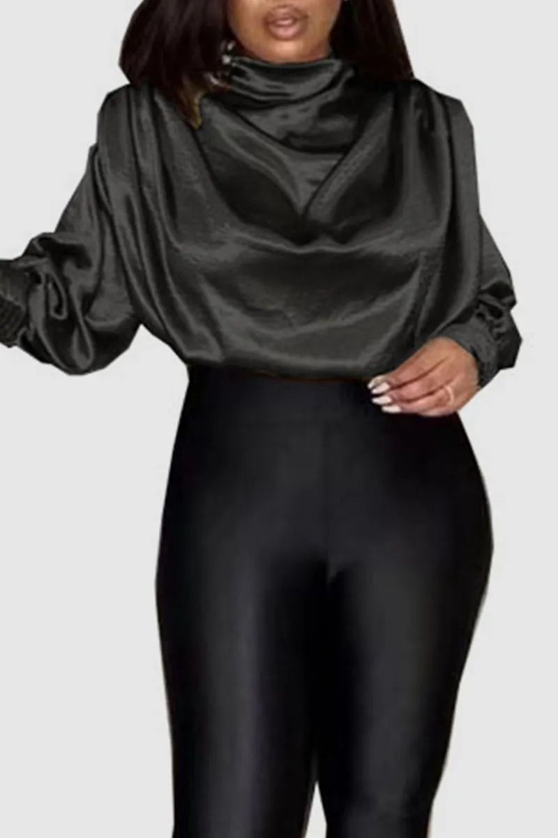 Gold Casual Elegant Solid Patchwork Fold Turtleneck Tops