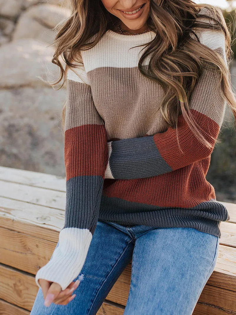 Color Block Knitted O-neck Pullover Sweater