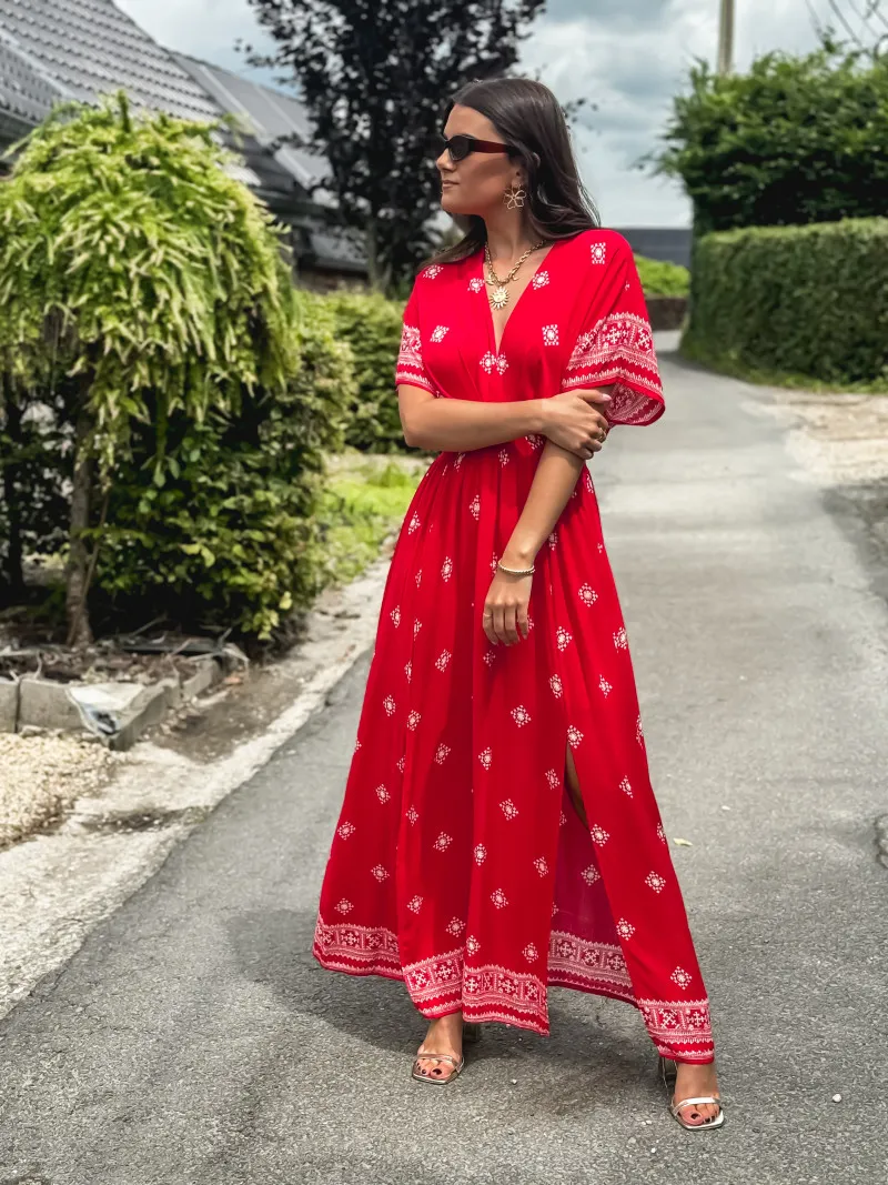 KATALYNA PATTERNED LONG DRESS - RED