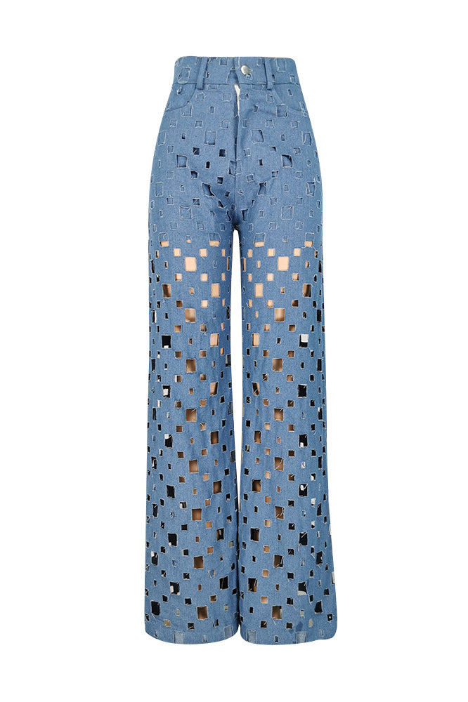 High Waist Hole Jeans Hollow Wide Leg Pants