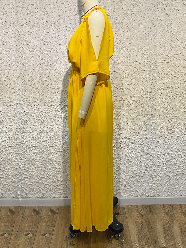 Batwing Sleeves Loose Solid Color Split-Front Deep V-Neck Maxi Dresses