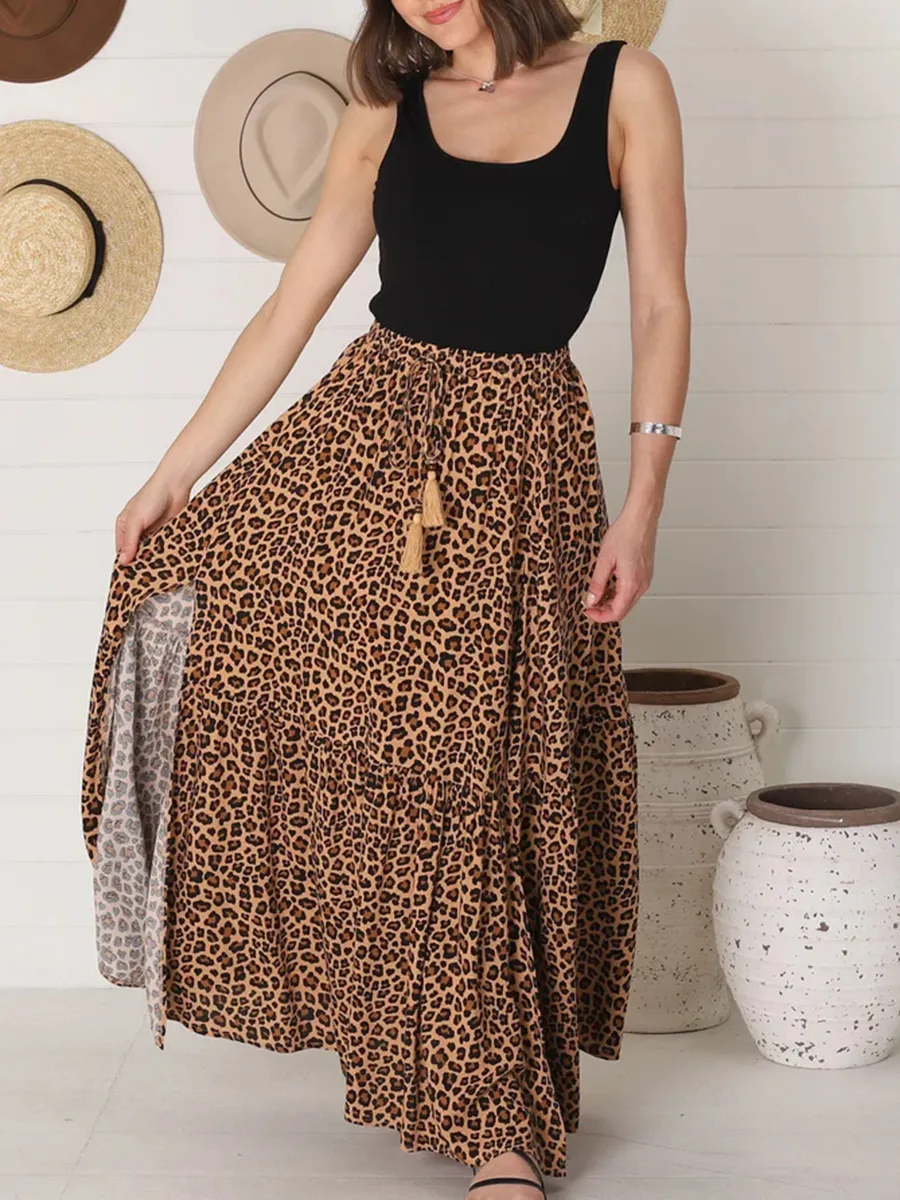 Bohemian high-waisted leopard print split half skirt