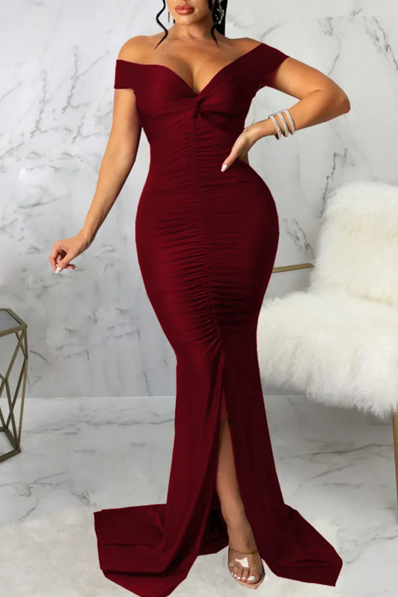 Purple Sexy Elegant Solid Split Joint Slit Fold V Neck Straight Dresses