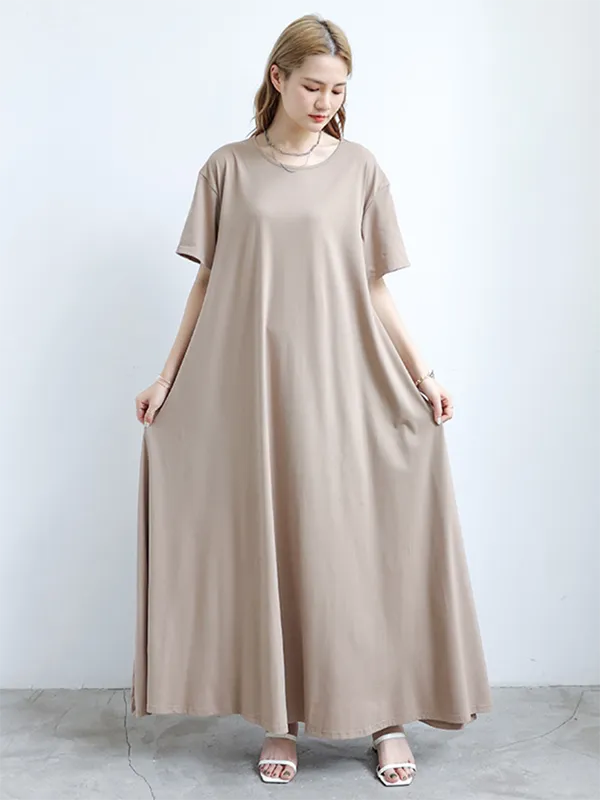 Simple Loose Short Sleeves Solid Color Round-Neck Maxi Dresses