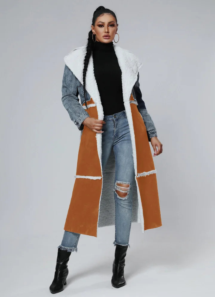 Stitching Fur & Denim Coat Long Outerwear