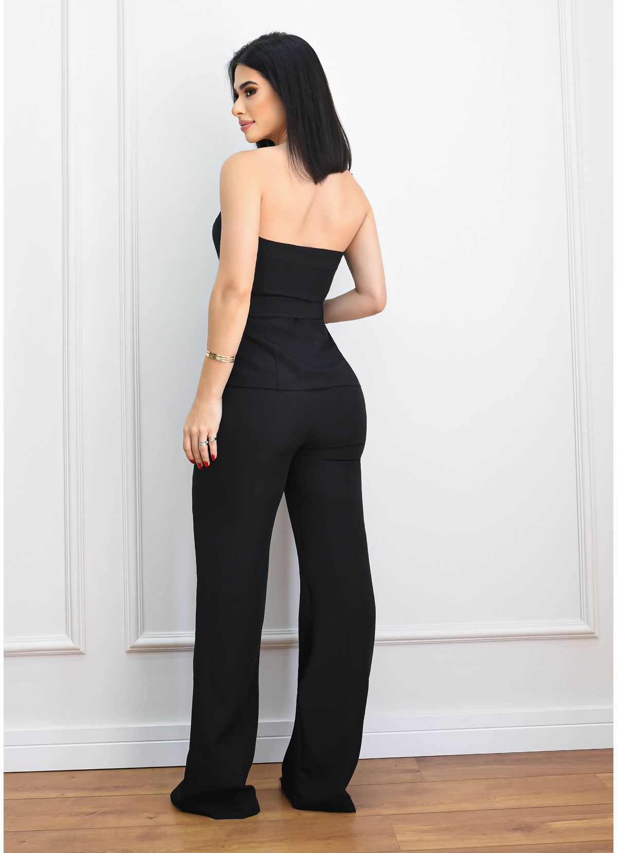 STRAPLESS BELT BLOUSE SET W/ TAILORED PANTS