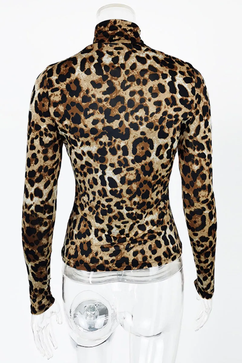 Leopard Print Fashion Casual Print Leopard Patchwork Turtleneck Tops