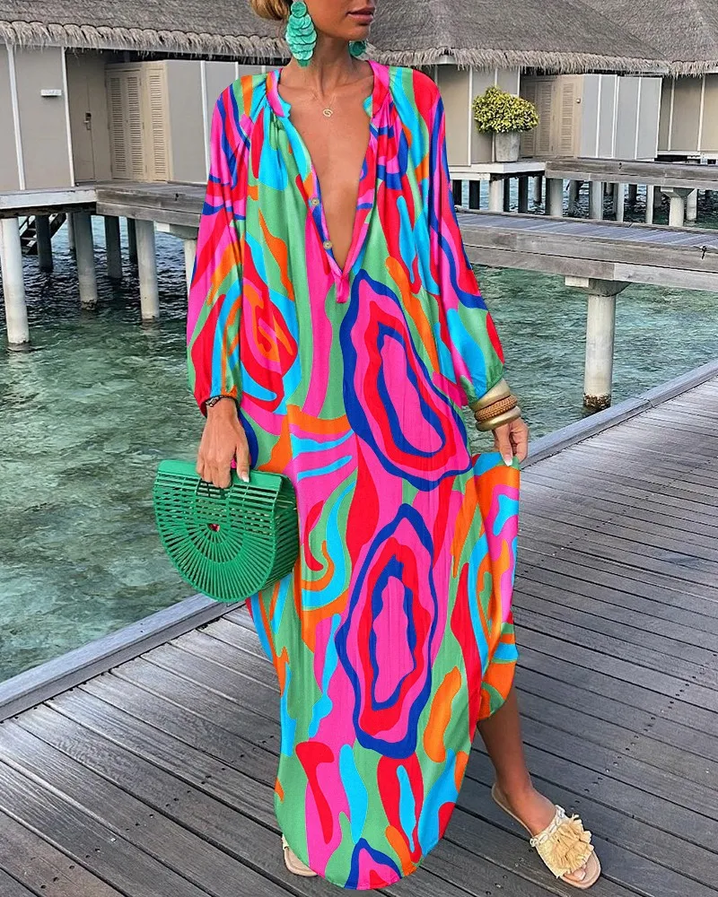 Women Printed V-Neck Long Sleeve Long Dress