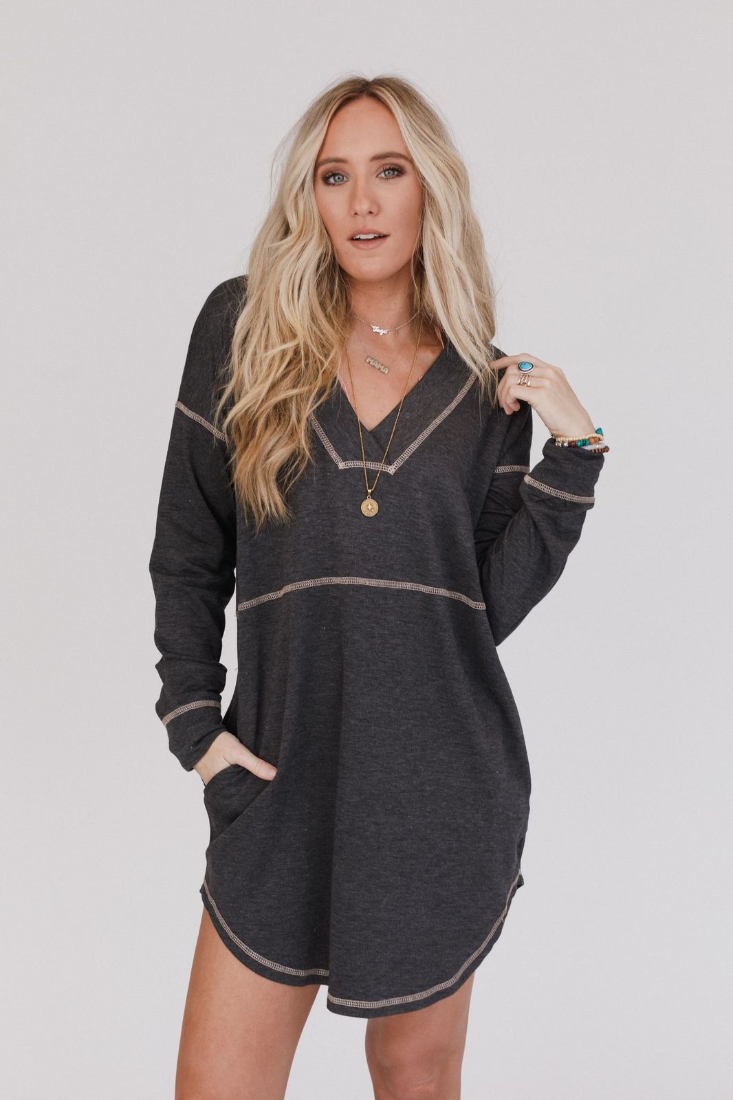 Meadow Long Sleeve Tunic Dress - Charcoal