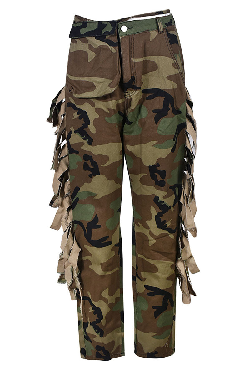 Fringed Camo Print Tied Waist Pocket Casual Pants