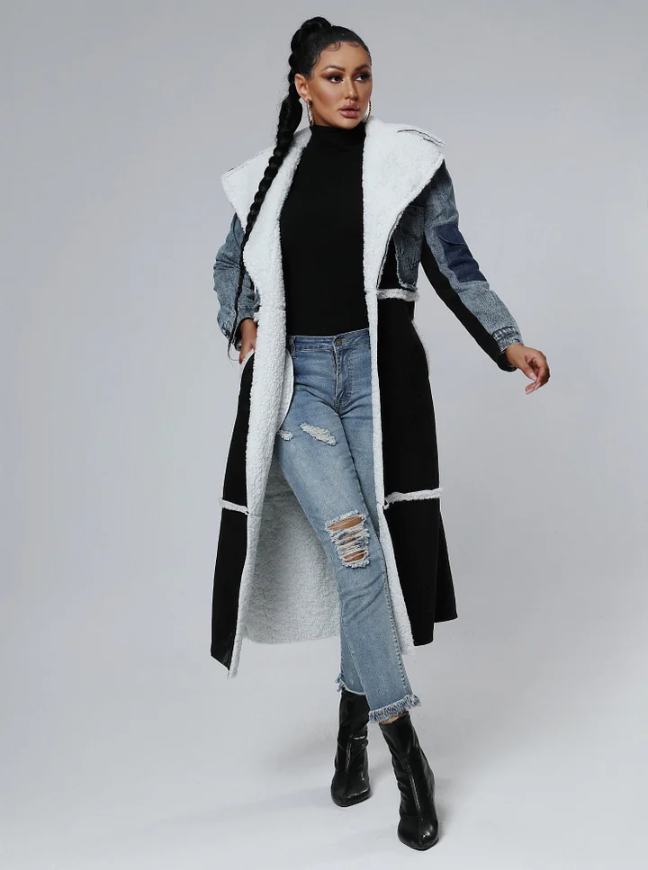 Stitching Fur & Denim Coat Long Outerwear